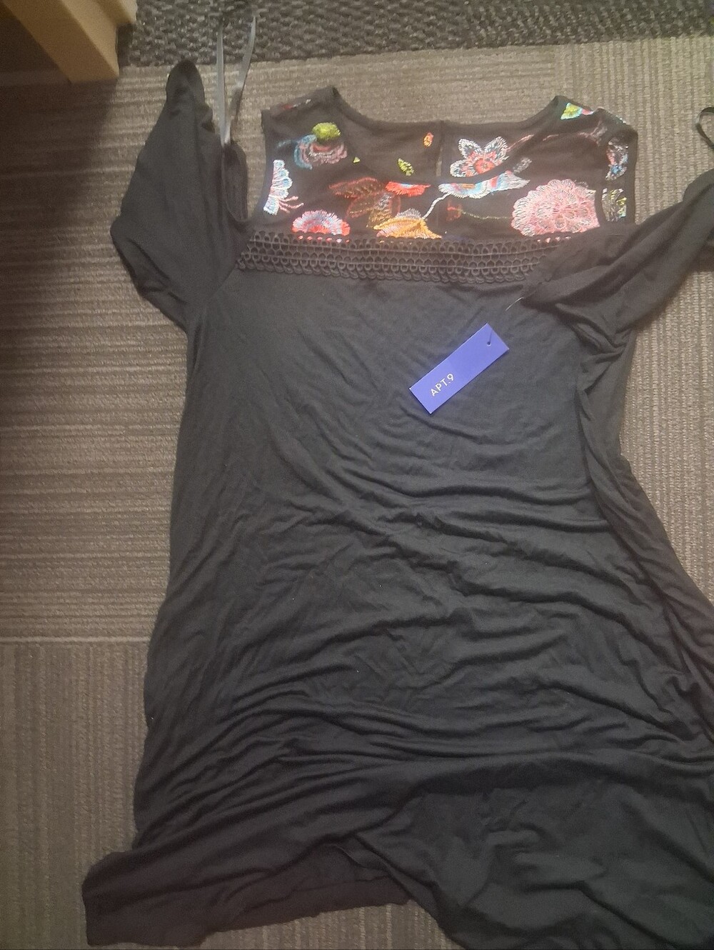 Apt. 9 Black Short Sleeve Tee with Colorful Floral Hem